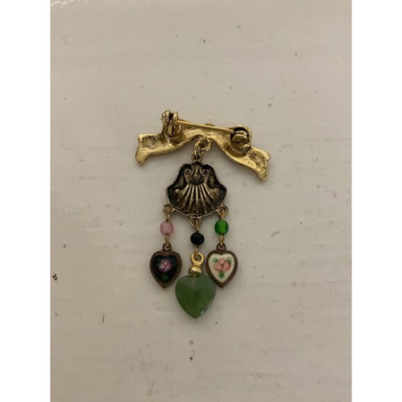 Banana Bob Bow Dangle Drop Brass Brooch Floral Heart Green Gem Charms - Picture 2 of 3